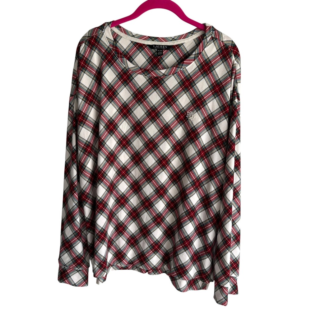LAUREN RALPH LAUREN‎ Holiday Ivory Red Plaid Jersey Ladies Pajama Top, XL